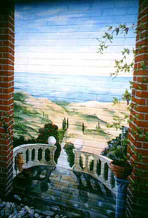 Toscaans landschap 1999, geschilderd op en bakstenen buitenmuur, formaat 1,50 x 2,70 m.